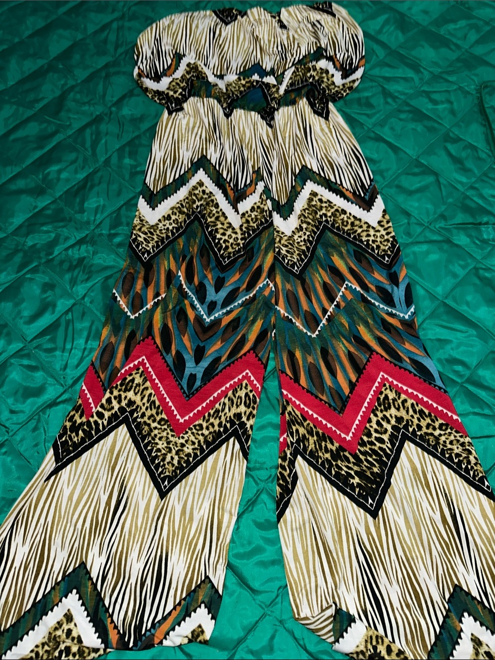 Emerald Multicolor Chevron & Animal Print strapless jumpsuit